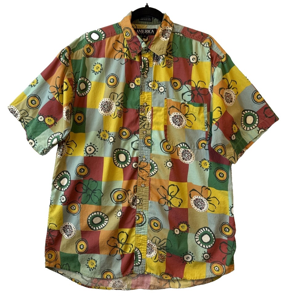 Perry Ellis America Colorful Floral Short Sleeve Button Up Shirt Men's M Bold